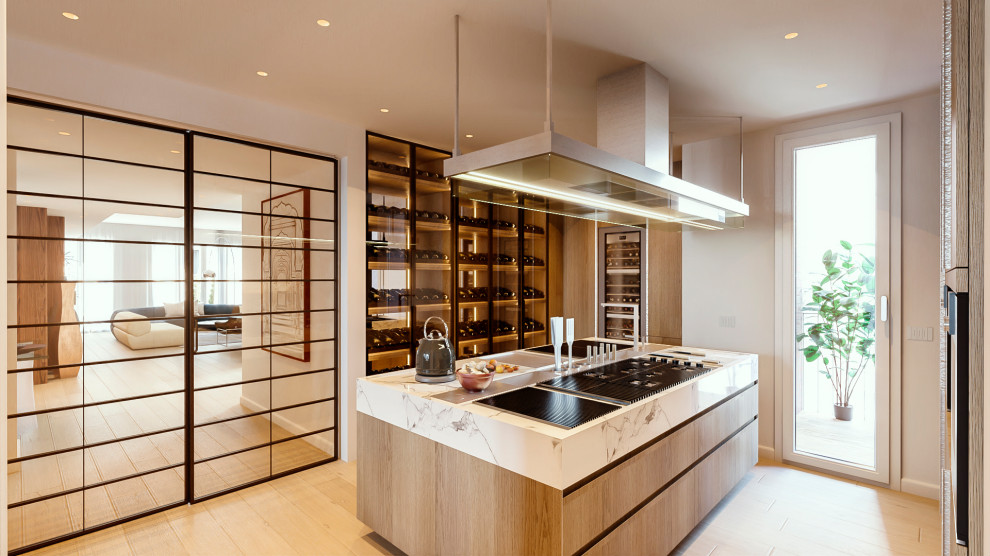 Large contemporary u-shaped eat-in kitchen in Milan with beige floor, recessed, an integrated sink, recessed-panel cabinets, light wood cabinets, marble benchtops, white splashback, marble splashback, black appliances, painted wood floors, with island and white benchtop.