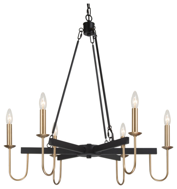 LNC 6-Lights Matte Black Modern Gold Candle-Style Chandelier For Dining Room