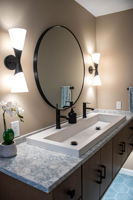 Blue Sink Vanity with White Trough Sink - Transitional - Bathroom