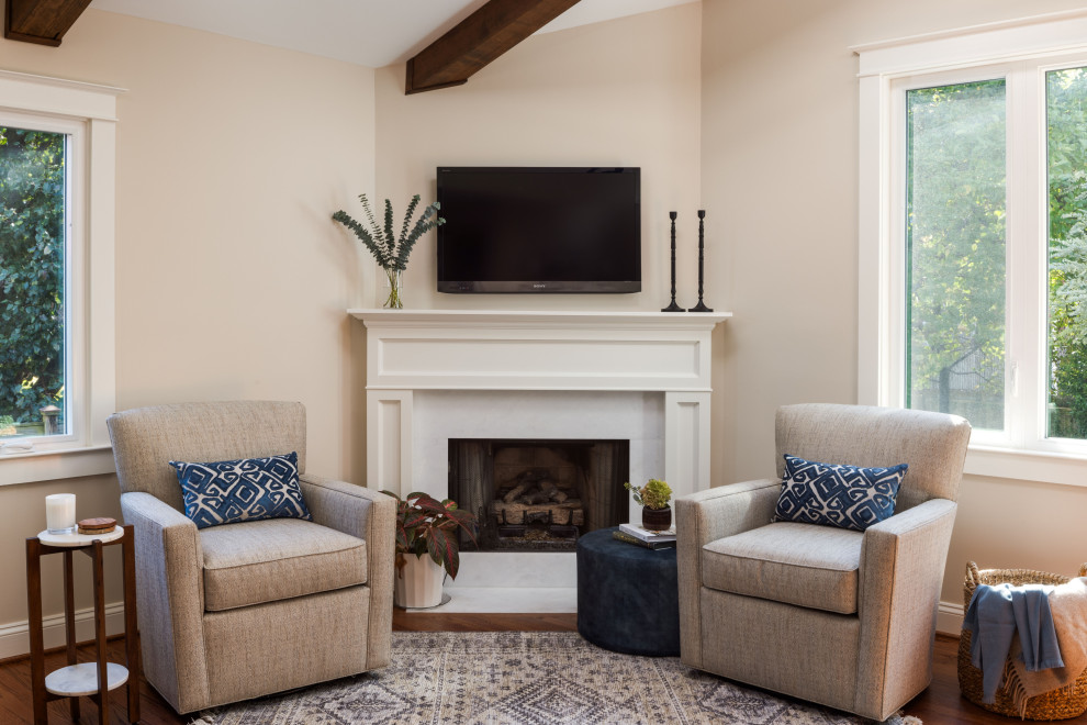 Mid-sized open concept living room in DC Metro with medium hardwood floors, brown floor, vaulted, white walls, a corner fireplace, a stone fireplace surround and a corner tv.
