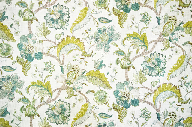 Indienne Fabric Jacobean Floral Gold Blue Aqua, Sample