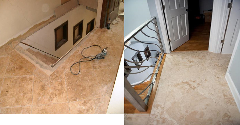 Photo of a mid-sized contemporary wood straight staircase in Charlotte with travertine risers and metal railing.