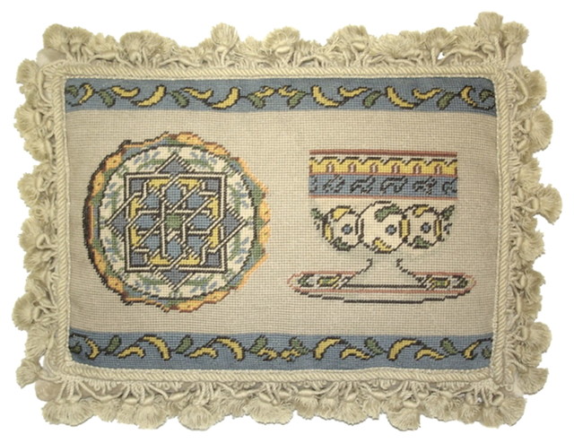 Petit Point French Antique Tea Cup Set With Tassels Pillow 12 X16
