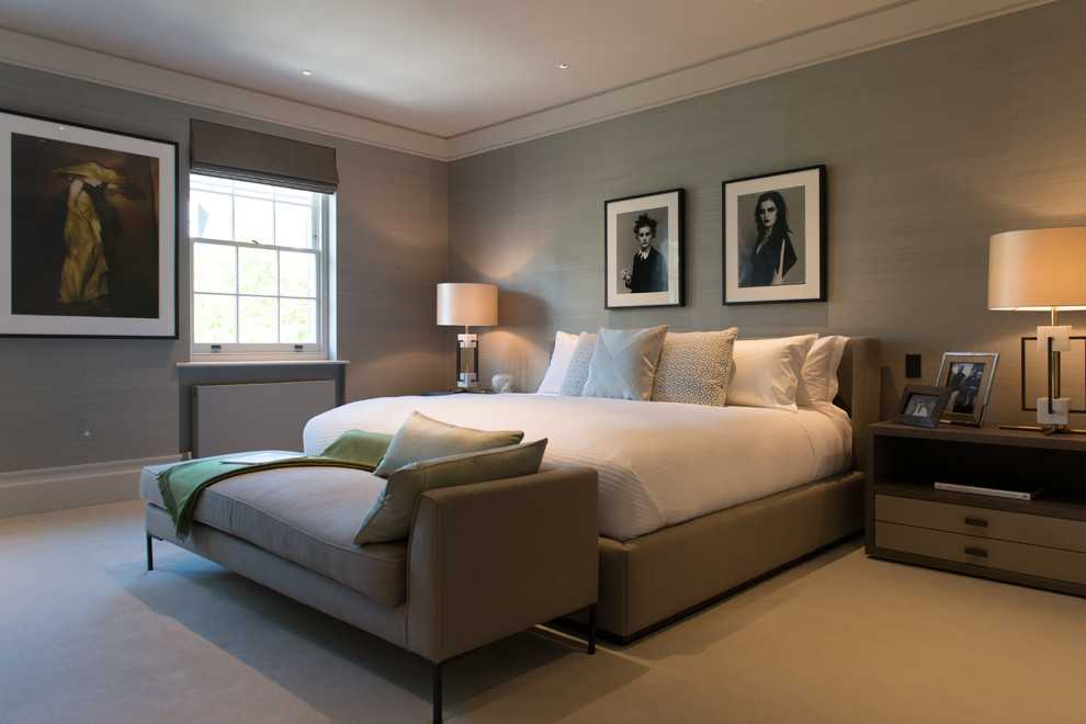 Design ideas for a contemporary bedroom in London with grey walls.