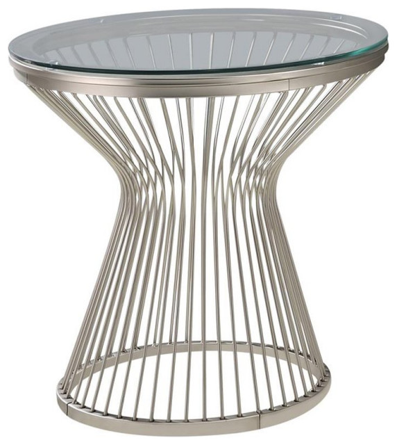Bowery Hill Round Glass Top Metal Base End Table in Satin Gray
