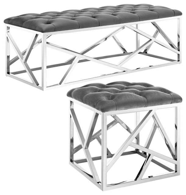 Tufted Bench/Ottoman With Gold Stainless Steel Geometric Frame, Silver Gray Contemporary