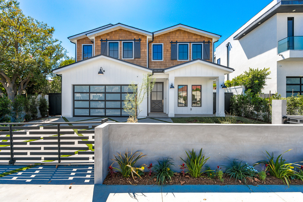 Transitional multicolored two-story mixed siding exterior home idea in Los Angeles