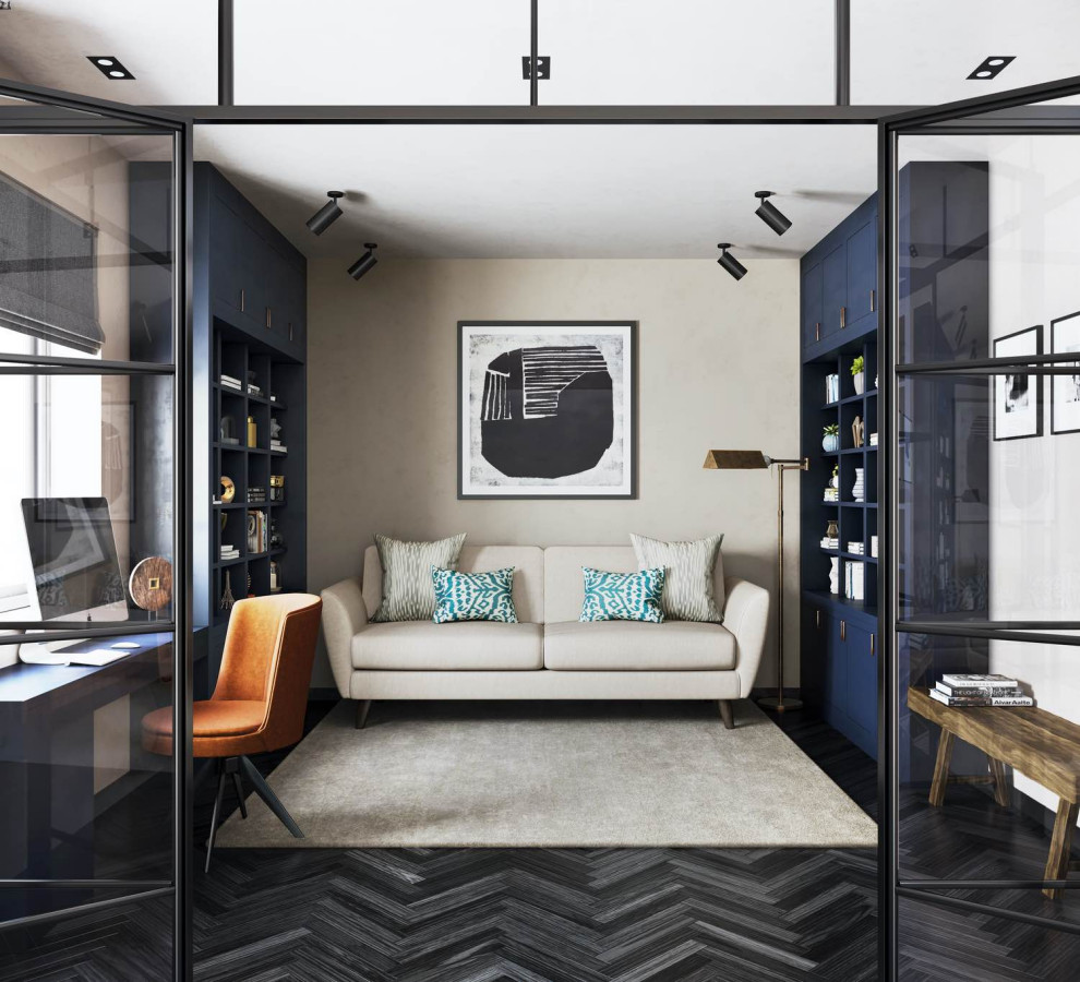 ロンドンにある高級な小さなコンテンポラリースタイルのおしゃれな書斎 (ベージュの壁、濃色無垢フローリング、造り付け机、黒い床) の写真