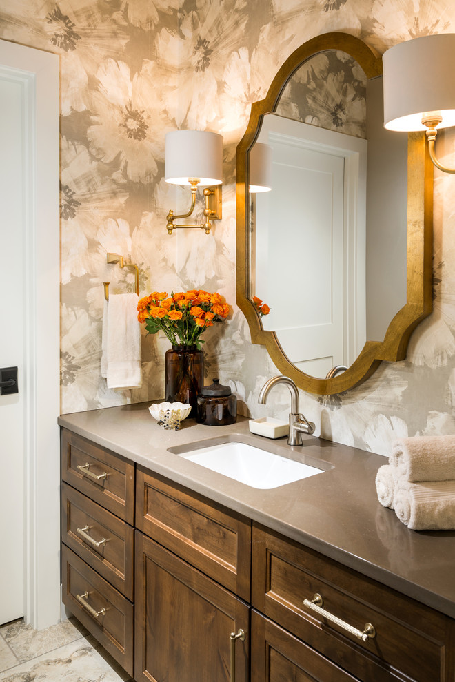 Inspiration for a mid-sized traditional bathroom in Other with an undermount sink, quartzite benchtops, recessed-panel cabinets, dark wood cabinets, multi-coloured walls and beige floor.