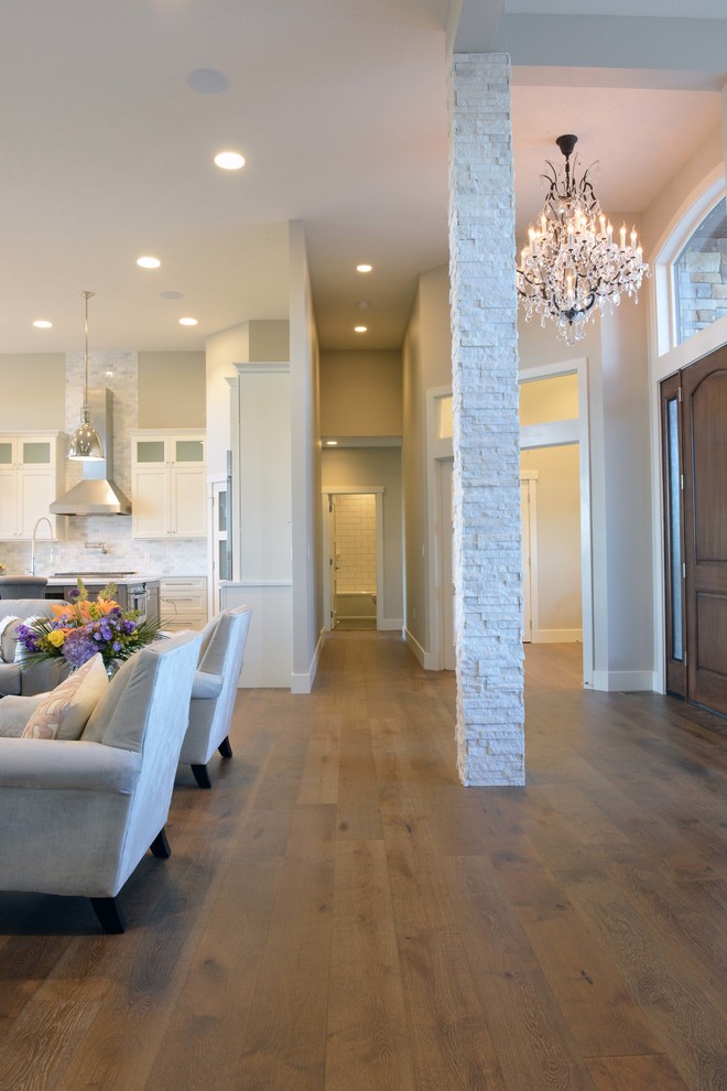 Example of a transitional vinyl floor front door design with gray walls and a dark wood front door