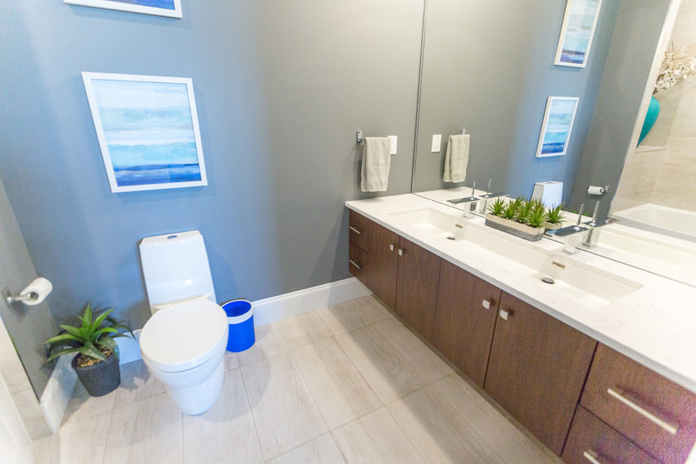 Inspiration for a transitional 3/4 beige floor bathroom remodel with flat-panel cabinets, medium tone wood cabinets and gray walls