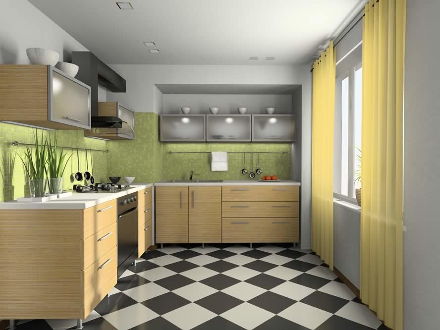 Inspiration for a mid-sized transitional l-shaped black floor enclosed kitchen remodel in Phoenix with a double-bowl sink, glass-front cabinets, green backsplash, stainless steel appliances and no island