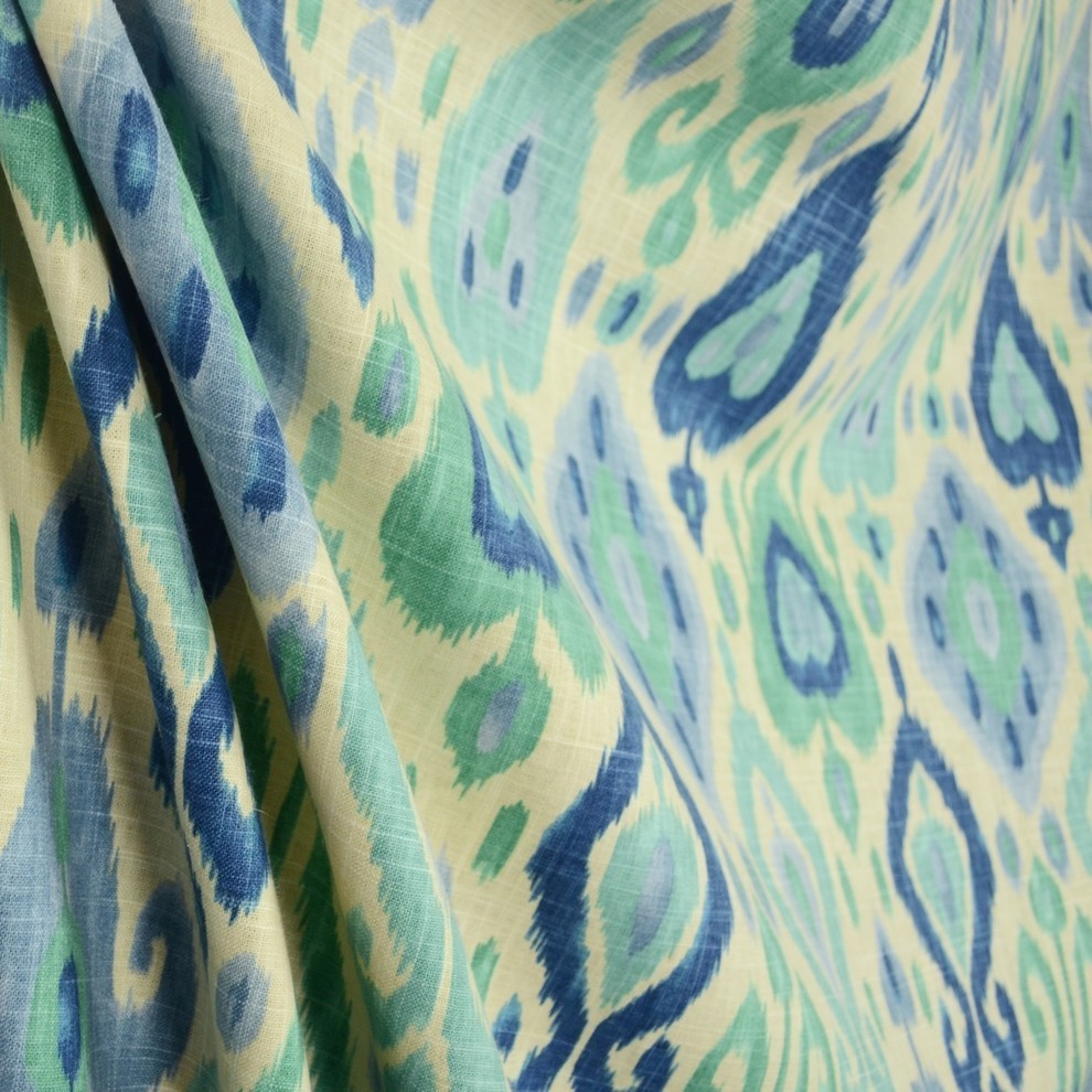 Django Turquoise Linen Ikat Drapery Fabric, Sample