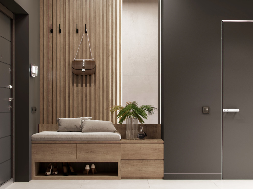 This is an example of a mid-sized contemporary front door in Other with black walls, porcelain floors, a pivot front door, a black front door and beige floor.