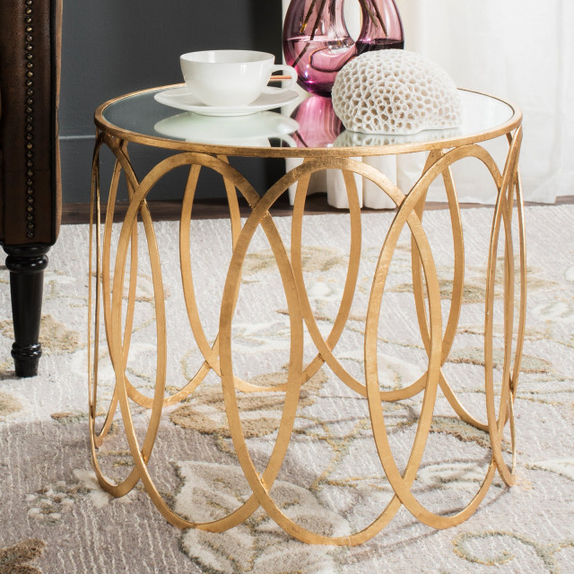 Unique End Table, Interlocking Oval Rings Accented Golden Base With ...