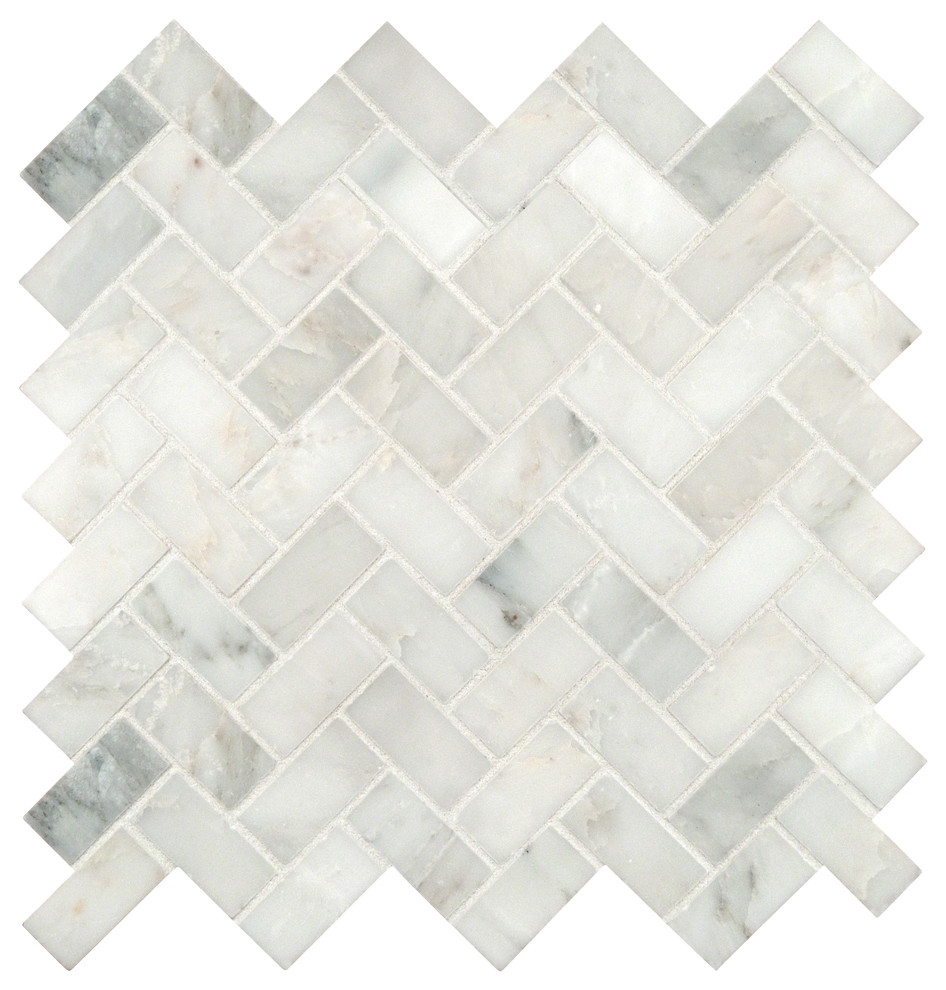 12"x12" Grayish White Herringbone Pattern Honed Marble Mosaic Tile, Single Sheet