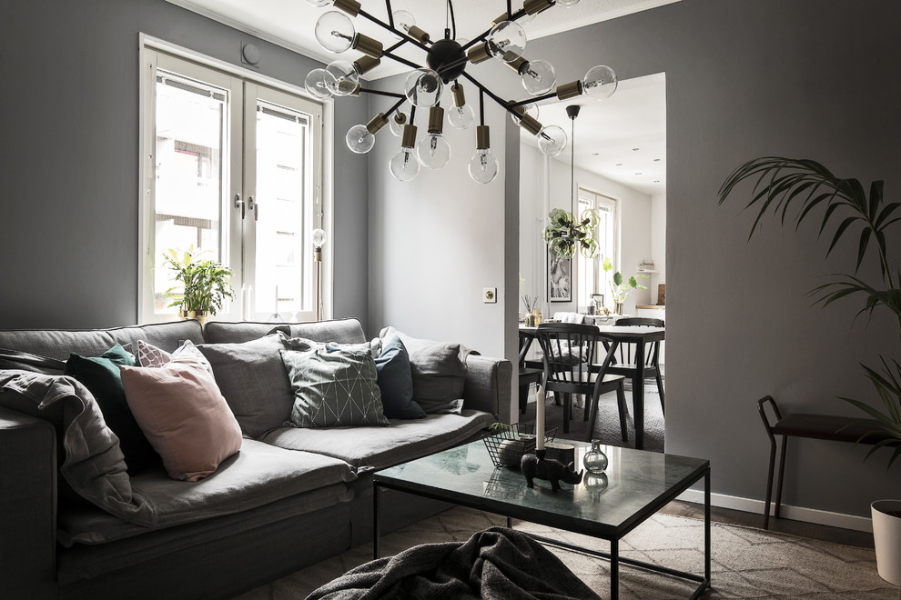 Idéer för ett litet minimalistiskt separat vardagsrum, med grå väggar