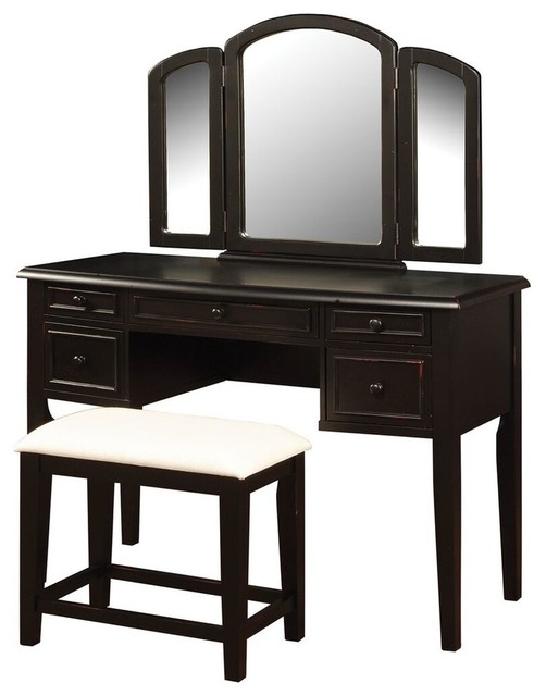 Vanity Table Set in Antique Black Finish Transitional Bedroom & Makeup Vanities by GwG Outlet