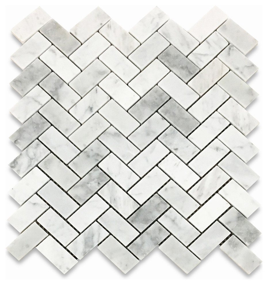 Carrara Marble Herringbone Mosaic Venato Carrera Tile Polished 1x2, 1 sheet  - Modern - Wall And Floor Tile - by Stone Center Online | Houzz