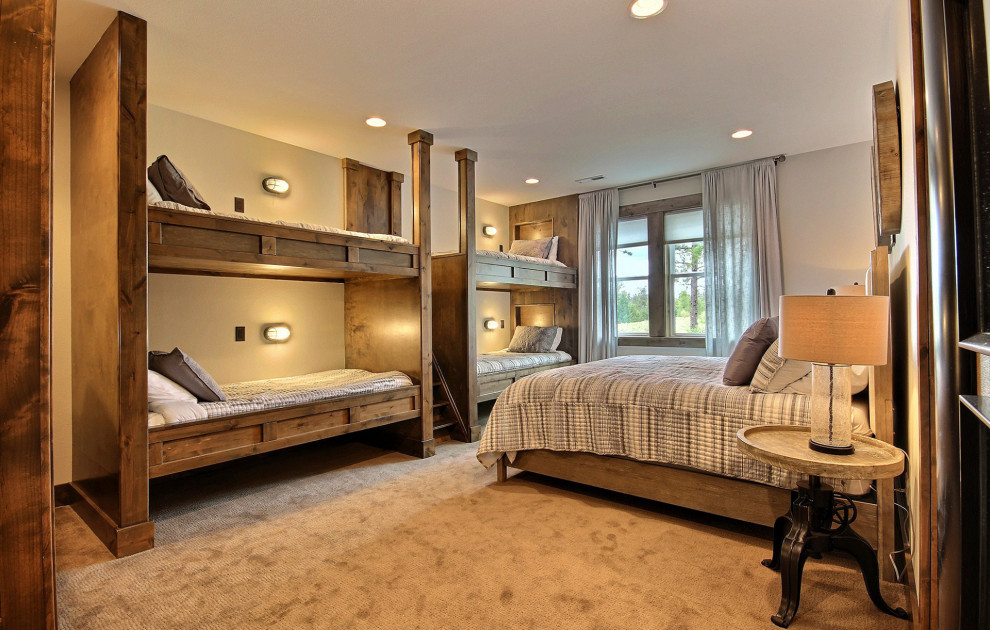 Bedroom - huge craftsman guest carpeted and brown floor bedroom idea in Portland with beige walls and no fireplace