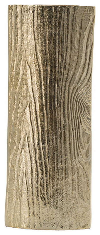 15" Modern Vase, Naturalistic Tree Trunk Texture, Shiny Gold Finish
