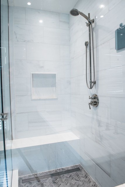 Modern Master Bathroom Renovation, Corner Shower Design, Built in