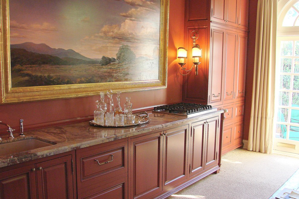 Inspiration for a large transitional single-wall open concept kitchen remodel in Charlotte with beaded inset cabinets, distressed cabinets and marble countertops