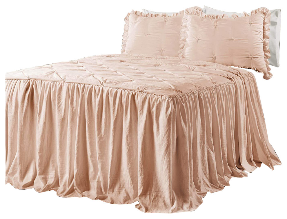 Lush Decor Ravello Pintuck Ruffle Skirt Bedspread Blush 3Pc Set Queen