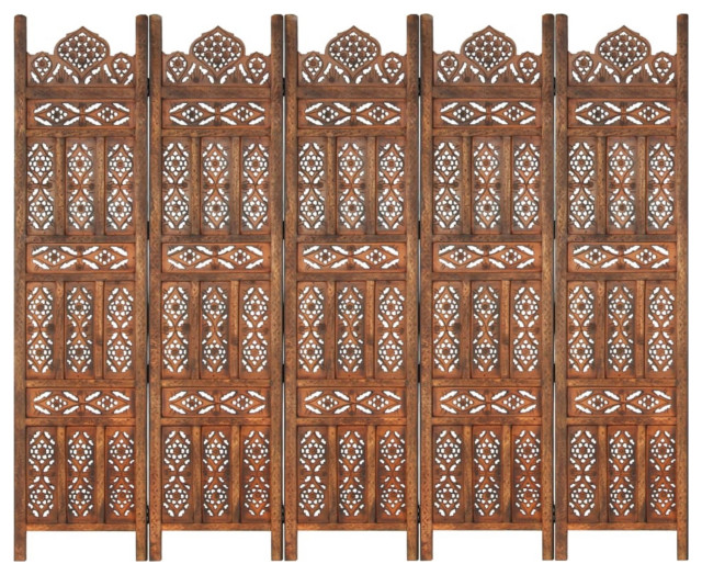 Vidaxl Hand Carved 5-Panel Room Divider Brown 78.7"x65" Solid Mango Wood
