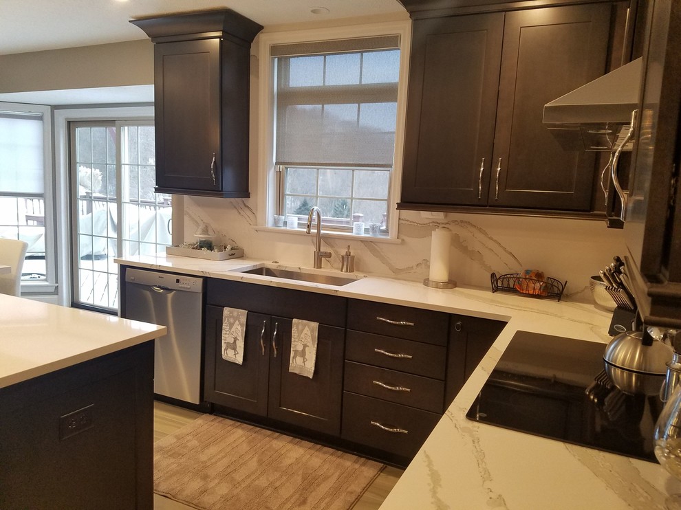 Enclosed kitchen - mid-sized transitional l-shaped porcelain tile and gray floor enclosed kitchen idea in Other with an undermount sink, raised-panel cabinets, dark wood cabinets, quartz countertops, white backsplash, stone slab backsplash, stainless steel appliances and an island