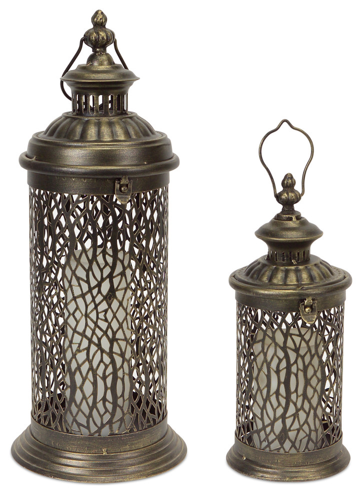 Bronze Lantern with Filigree Detail  Set of Two