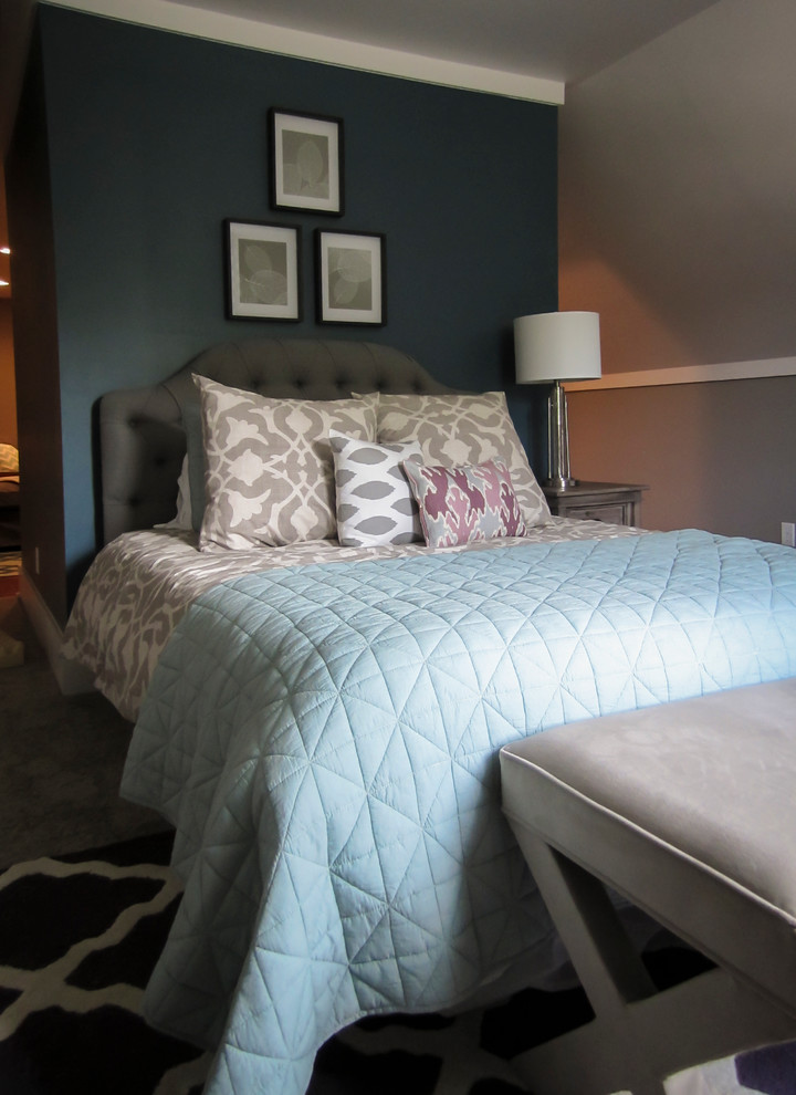 Mid-sized transitional guest bedroom in Indianapolis with grey walls and carpet.
