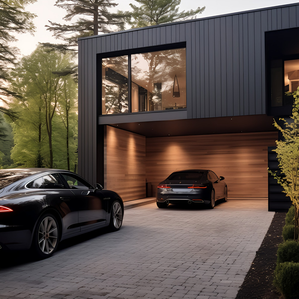 Photo of a mid-sized modern attached garage in New York.