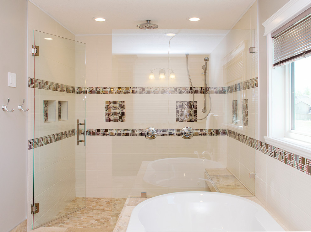Design ideas for a small traditional master bathroom in Vancouver with shaker cabinets, red cabinets, engineered quartz benchtops, a drop-in tub, a one-piece toilet, beige tile, stone tile, an undermount sink, a shower/bathtub combo, grey walls, travertine floors, brown floor and a hinged shower door.