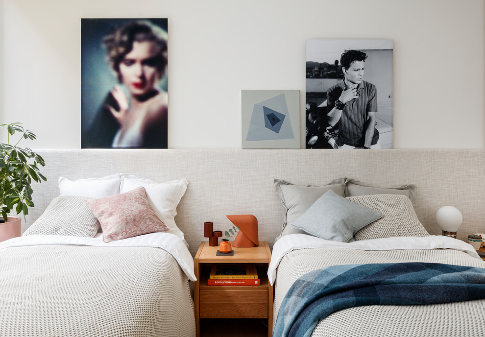 Inspiration for a contemporary guest bedroom in London with white walls.