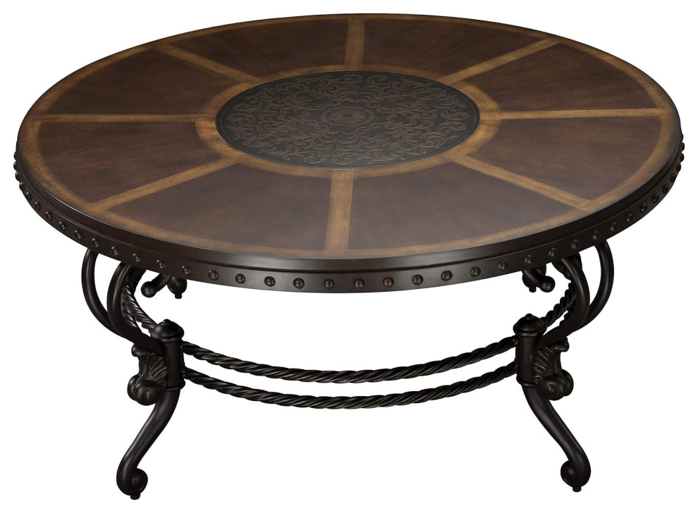 Traditional Coffee Table, Curved Metal Legs With Round Warm Tobacco