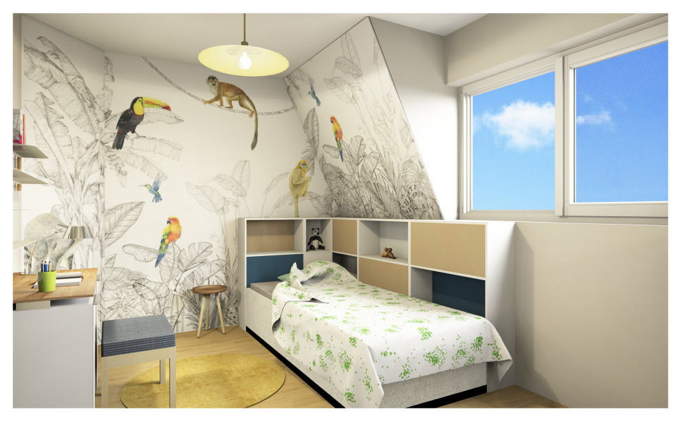 Idées déco pour une chambre d'enfant de 4 à 10 ans moderne avec un mur multicolore, sol en stratifié et du papier peint.