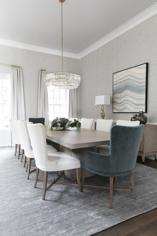 Large traditional open plan dining room in Dallas with metallic walls, medium hardwood flooring, brown floors, a wallpapered ceiling and wallpapered walls.