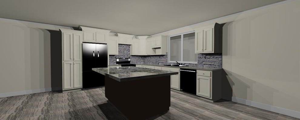 Design ideas for a mid-sized traditional l-shaped open plan kitchen in Las Vegas with a farmhouse sink, raised-panel cabinets, white cabinets, granite benchtops, brown splashback, stone tile splashback, porcelain floors and with island.