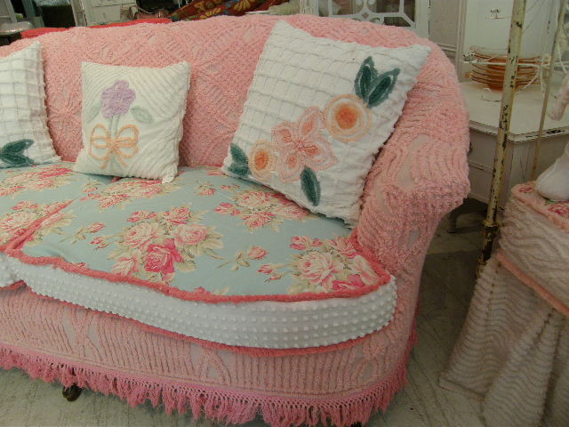 Shabby Chic Sofa Slipcovered With Vintage Chenille Bedspreads And