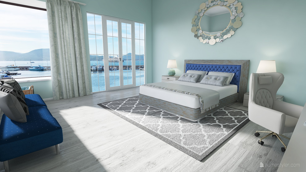 Diseño de dormitorio principal marinero con paredes azules, suelo de madera clara y suelo gris