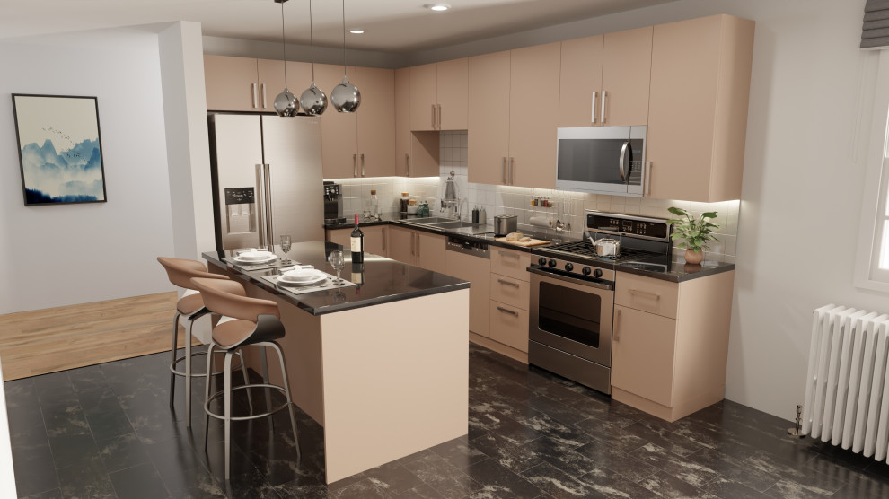Example of a mid-sized transitional l-shaped kitchen design in DC Metro with flat-panel cabinets, beige cabinets and an island