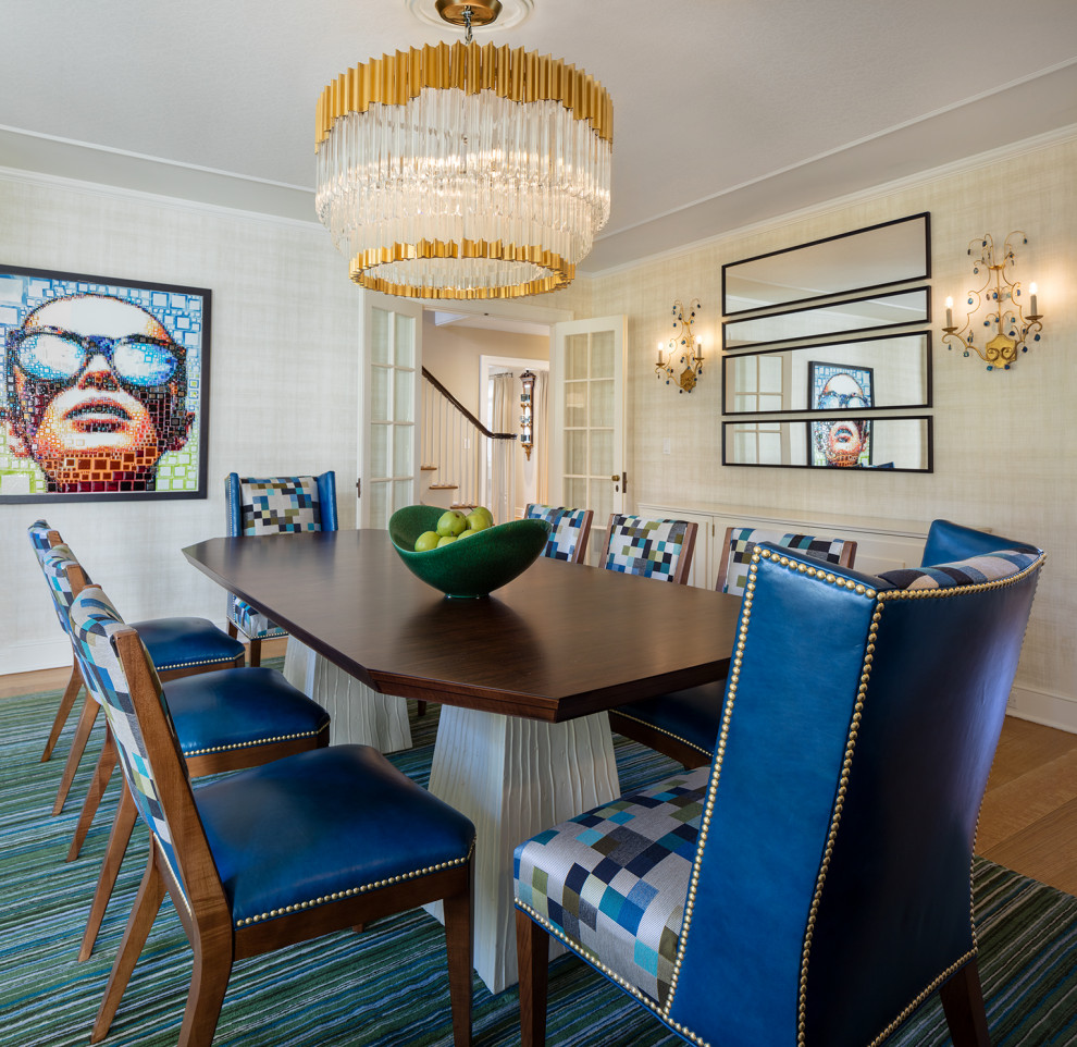 Mid-sized eclectic separate dining room in New York with beige walls, medium hardwood floors and brown floor.