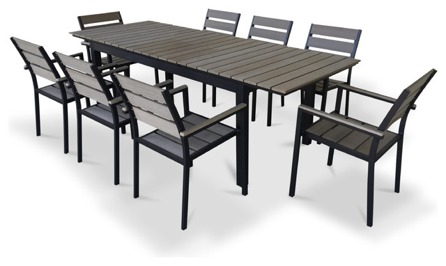 Eco-Wood Extentable Outdoor Patio Dining Set, 9-Piece Set, Rustic Gray
