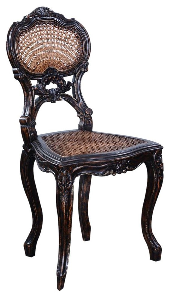 Vanity Chair Louis Rococo Serpentine Carved Wood  Antiqued Black