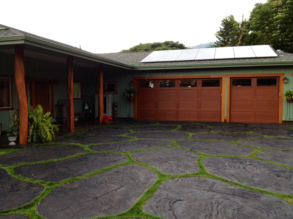 This is an example of a tropical two-car garage in Hawaii.