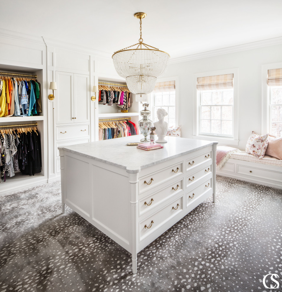 Design ideas for a large traditional dressing room for women in Salt Lake City with shaker cabinets, white cabinets, carpet and grey floors.
