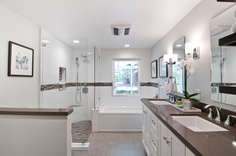Photo of a mid-sized transitional master bathroom in Los Angeles with shaker cabinets, white cabinets, an alcove tub, a corner shower, brown tile, matchstick tile, beige walls, ceramic floors, an undermount sink, engineered quartz benchtops, brown floor and an open shower.