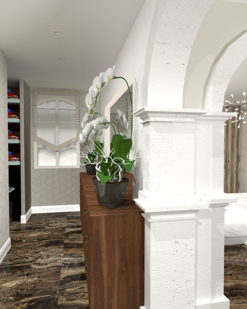 Esempio di una camera matrimoniale design con pareti beige, pavimento con piastrelle in ceramica, camino sospeso, pavimento marrone e carta da parati