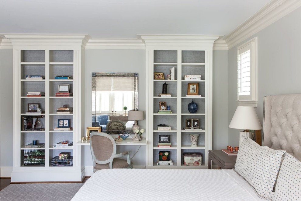 This is an example of a mid-sized traditional master bedroom in DC Metro with carpet and grey walls.
